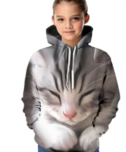 Kids Girls' Active Cat 3D Graphic Animal Print Long Sleeve Hoodie & Sweatshirt Gray