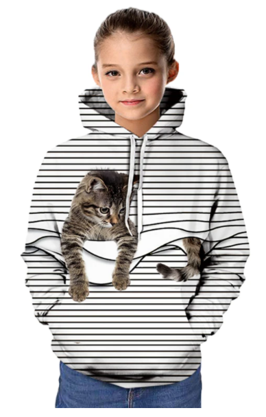 Kids Girls' Active Cat 3D Graphic Animal Print Long Sleeve Hoodie & Sweatshirt White