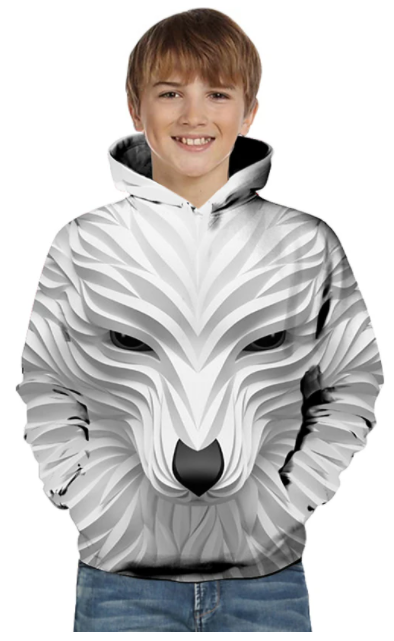 Kids Toddler Boys' Active Basic Wolf Striped Geometric Animal Print Long Sleeve Hoodie & Sweatshirt White