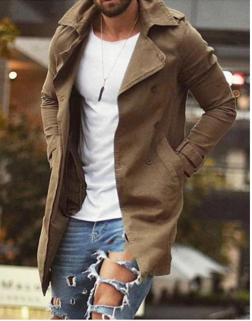 Men's double breasted trench coat notched lapel casual slim fit cotton long windbreaker overcoat