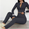 Women's 2pcs Yoga Suit Winter Seamless Front Zipper Stripes Dark Grey Khaki Brown Nylon Yoga Fitness Gym Workout Cropped Leggings Crop Top Sport Activewear Tummy Control Butt Lift Breathable Quick Dry