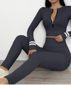 Women's 2pcs Yoga Suit Winter Seamless Front Zipper Stripes Dark Grey Khaki Brown Nylon Yoga Fitness Gym Workout Cropped Leggings Crop Top Sport Activewear Tummy Control Butt Lift Breathable Quick Dry