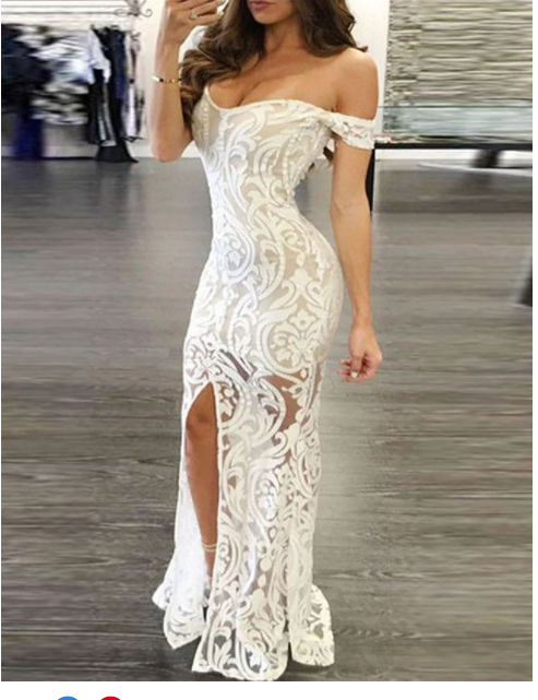 Women's Bodycon Maxi long Dress - Sleeveless Solid Color Paisley Lace Split Off Shoulder Hot Sexy White