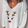 Women's Christmas T-shirt Animal Cartoon Long Sleeve Print V Neck Tops Basic Christmas Basic Top White Black Blue
