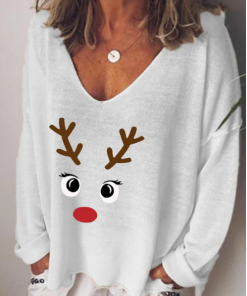 Women's Christmas T-shirt Animal Cartoon Long Sleeve Print V Neck Tops Basic Christmas Basic Top White Black Blue