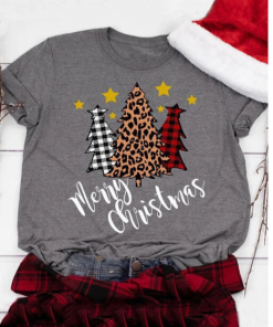 Women's Christmas T-shirt Leopard Plaid Check Round Neck Tops Casual Christmas Basic Top White Black Blushing Pink