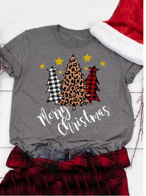 Women's Christmas T-shirt Leopard Plaid Check Round Neck Tops Casual Christmas Basic Top White Black Blushing Pink