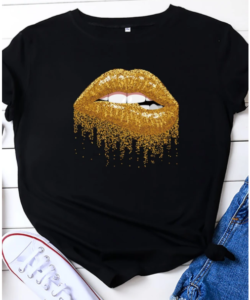 Women's T-shirt Mouth Print Round Neck Tops 100% Cotton Basic Basic Top White Black