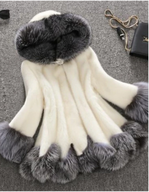 Women's Winter Faux Fur Coat Long Color Block Plus Size White White Black