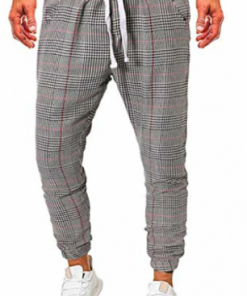 men's stretchy slim fit casual plaid print drawstring elastic waist long pants trousers